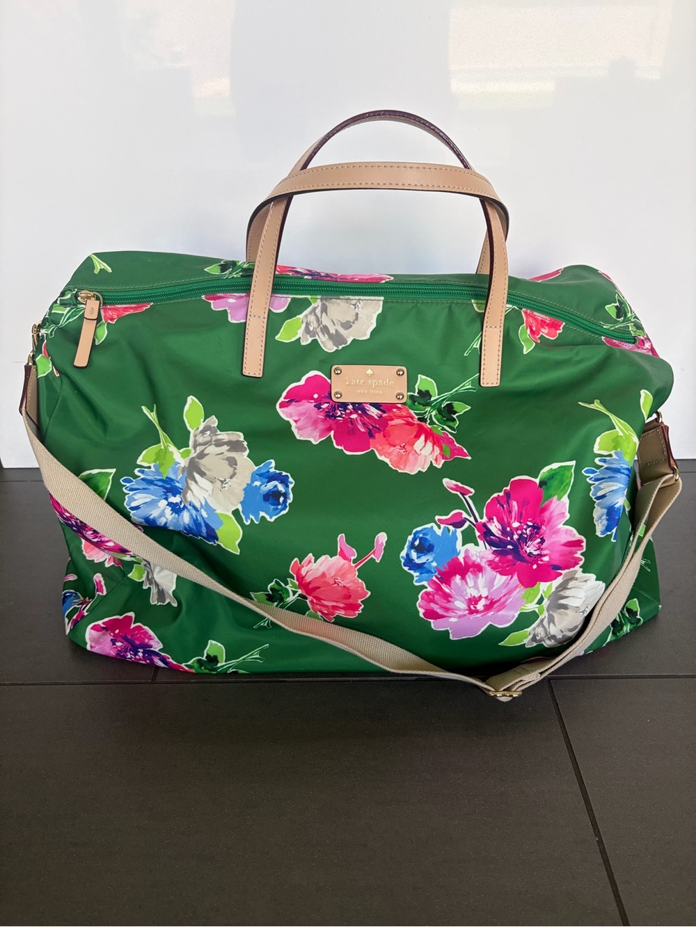 kate spade Green Floral Nylon Travel Weekender with Tan Handles